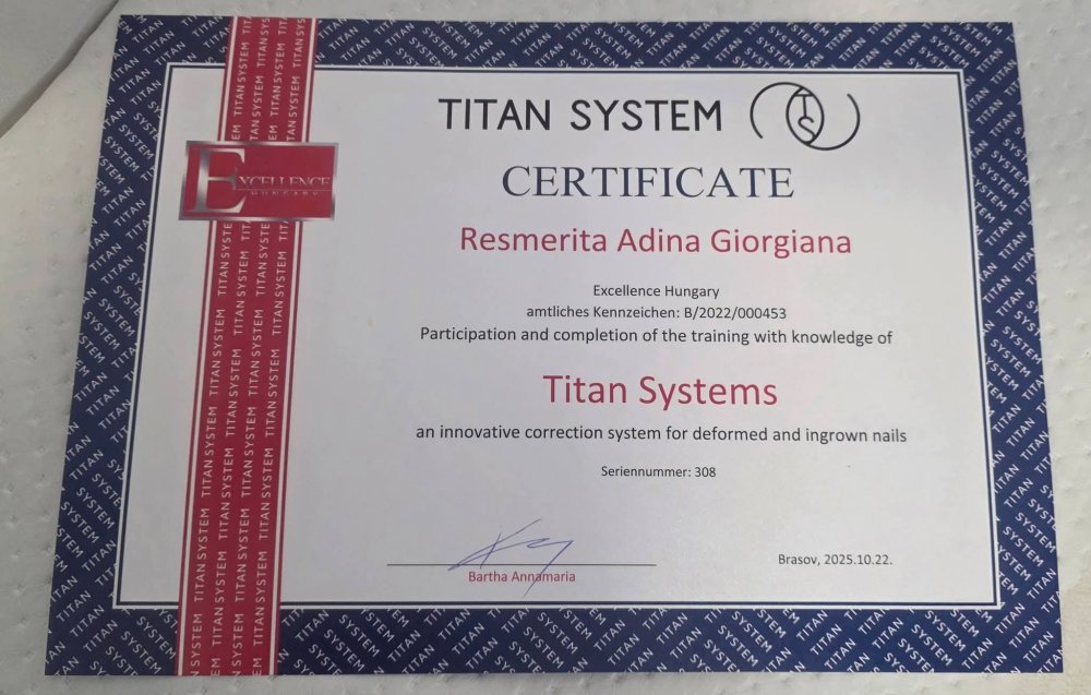 Certificat Titan Systems pentru corectarea unghiilor deformate și încarnate